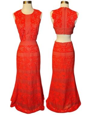 BCBGMAXAZRIA Merida Cutout-Back Floral Lace Maxi Mermaid Gown Bright Poppy 8